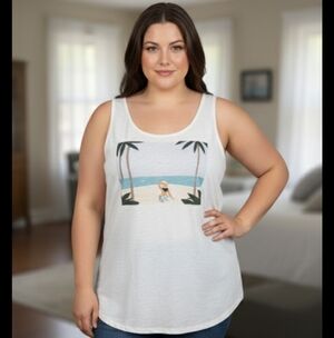 Reitmans White Sleeveless Top with Tropical Beach Print, Plus Size 2X
